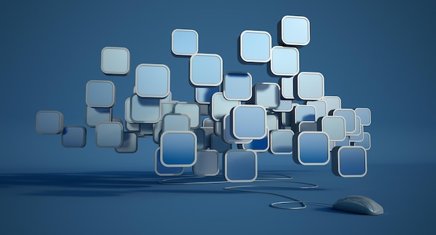 3d rendering of square icons and a computer mouse