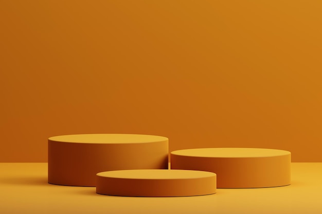 3D rendering orange minimal concept triple cylinder pedestal or podium for product showcase display