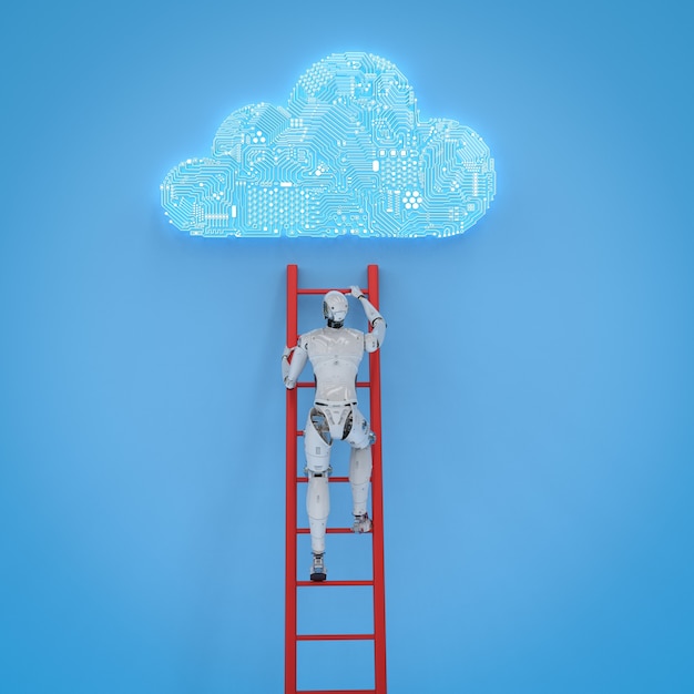 3d rendering robot climb ladder to develop circuit cloud