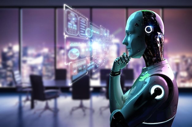 3d rendering robot thinking or analyzing with graphic display in office