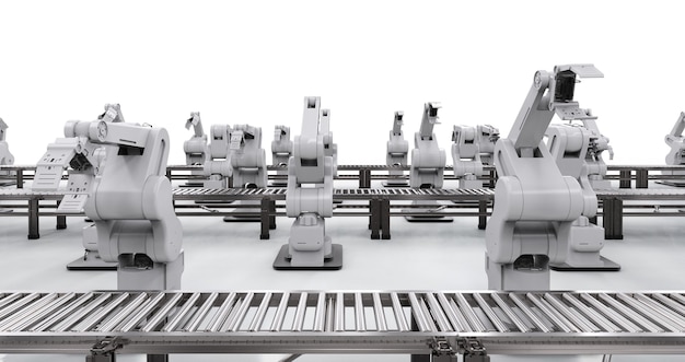 3d rendering robotic arm with conveyor line