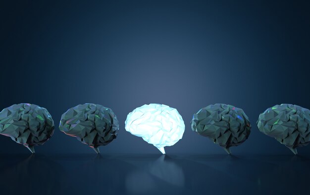 3d rendering shiny polygonal brain in dark brains