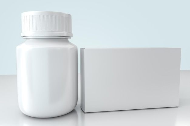 3d rendering white medicine bottle with package boxes
