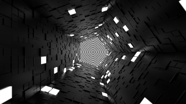 3D-renderöinti abstrakti tausta. Pitkä käytävä. Yksinkertainen muoto pursotettu satunnaisilla neliömäisillä monikulmioilla seinillä. Useita seinäsegmenttejä on valaistu.