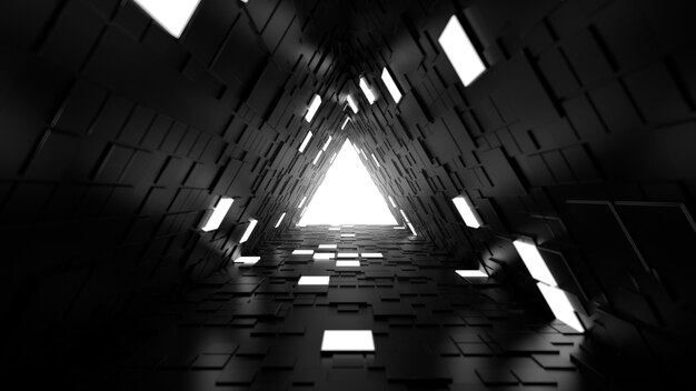 3D-renderöinti abstrakti tausta. Pitkä käytävä. Yksinkertainen muoto pursotettu satunnaisilla neliömäisillä monikulmioilla seinillä. Useita seinäsegmenttejä on valaistu.