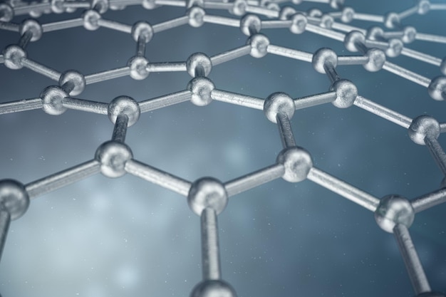 3D-renderöinti abstraktista nanoteknologisesta kuusikulmaisesta geometrisesta muodosta lähikuvassa. Grafeenin atomirakennekonsepti, hiilirakenne.