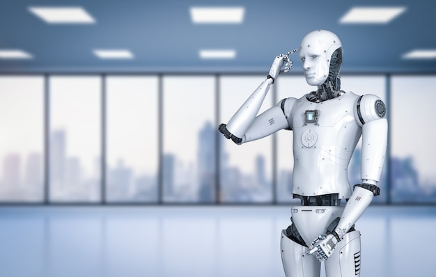 3D-renderöinti androidirobotti miettii sormi päässä