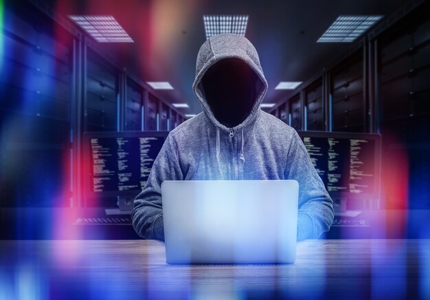 3D-renderöinti anonyymi hakkeri palvelinhuoneessa