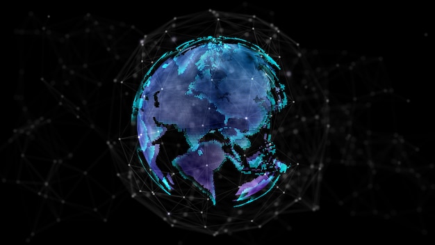 3D-renderöinti digitaalinen maapallo pyörii, globaali verkkoyhteys, teknologia nopea internetyhteys abstrakti tausta.