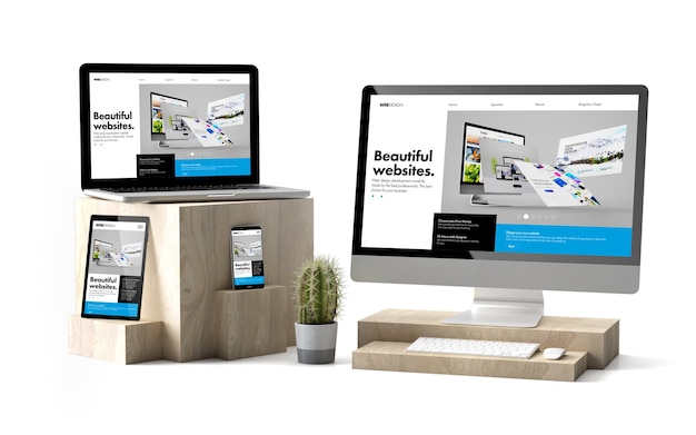 3d-renderöinti eristetyistä laitteista puukuutioiden päällä, joissa näkyy responsiivinen sivuston luontityökalu