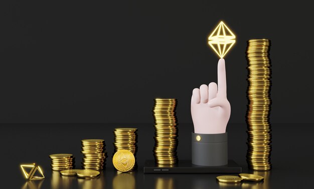 3D-renderöinti Ethereum-kolikkopino kaupankäynnin digitaalinen kolikkokonsepti Digitaalinen kryptovaluutta lohkoketju