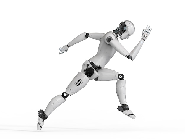 3D-renderöinti humanoidirobotti juoksee valkoisella taustalla