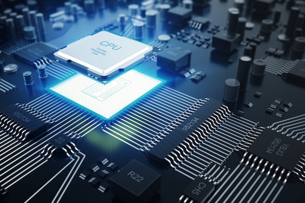 3D-renderöinti Keskustietokoneen prosessorit CPU-konsepti. Tietokonetekniikan elektroniikkainsinööri. Tietokonelevyn sirupiirin CPU-ydin. Laitteistokonsepti elektroninen laite emolevy puolijohde