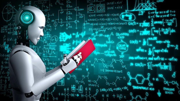 3D-renderöinti robotin ihmisestä, joka lukee kirjaa ja ratkaisee matematiikkaa