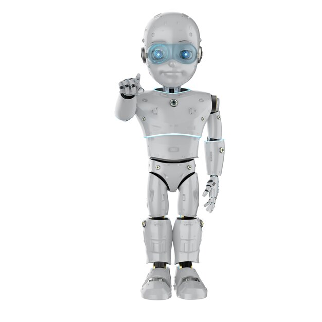 3d-renderöinti suloisesta robotista tai tekoälyrobotista, jossa on sarjakuvahahmon sormi osoittamassa