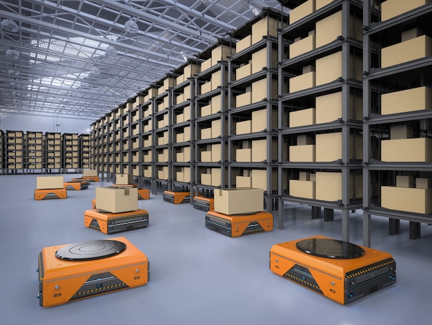 3D-renderöinti varasto robotti työskentelee tehtaassa