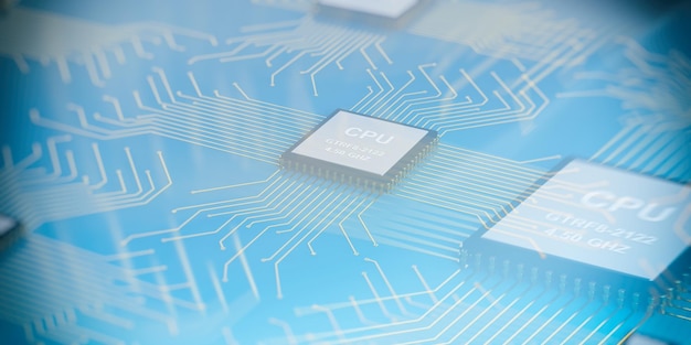 3D-renderöity elektroninen piiri CPU-prosessori