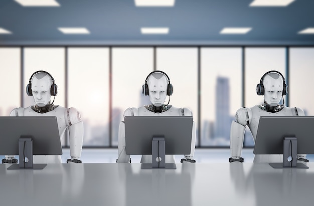3d-renderöity humanoidirobotti työskentelee kuulokkeiden ja monitorin kanssa