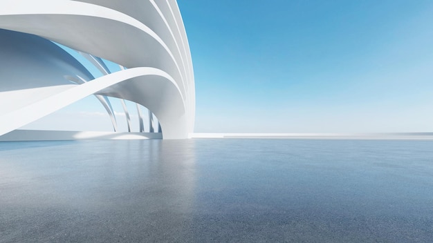 3d-renderöity kuva abstraktista futuristisesta arkkitehtuurista, jossa on tyhjä betonilattia. Kohtaus auton esittelyä varten