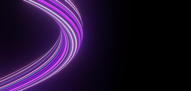 3d-renderöity kuva neonvalojen ja valon välähdyksistä, jotka loistavat pimeässä. Valonnopeudella liikkuvia viivoja