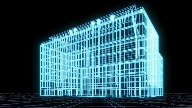 3d-renderöity kuvitus: Rakennuksen piirustus hehkuva neonhologrammi futuristinen teknologianäytös
