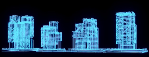 3d-renderöity kuvitus: Rakennuksen piirustus hehkuva neonhologrammi futuristinen teknologianäytös