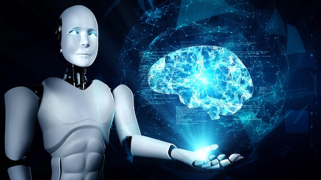3d-renderöity tekoäly humanoidirobotti pitelee virtuaalista hologramminäyttöä, joka esittää tekoälyaivojen konseptia