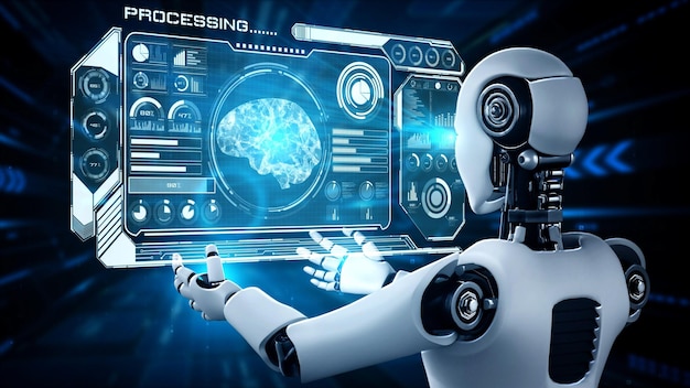 3d-renderöity tekoäly humanoidirobotti pitelee virtuaalista hologramminäyttöä, joka esittää tekoälyaivojen konseptia
