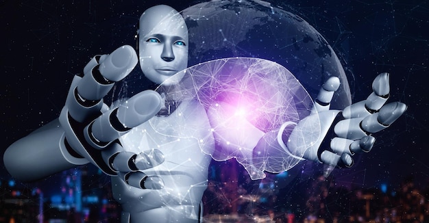 3d-renderöity tekoäly humanoidirobotti pitelee virtuaalista hologramminäyttöä, joka esittää tekoälyaivojen konseptia