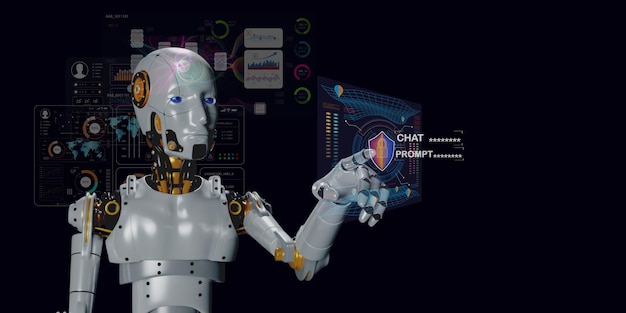 3D robotic working on secrity chatting with human coding decoding algorithm development business AI technology concept