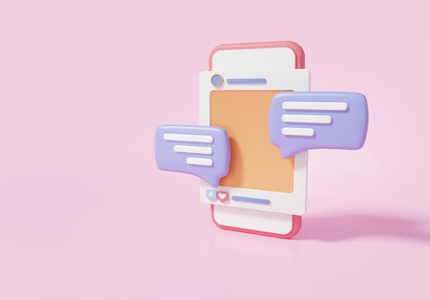 3D Sosiaalisen median konsepti älypuhelimessa, jossa on valokuvakehys ja chat kuten kommentti isometrinen Digitaalinen markkinointialusta sarjakuva minimaalinen tyyli 3D-renderöintikuva