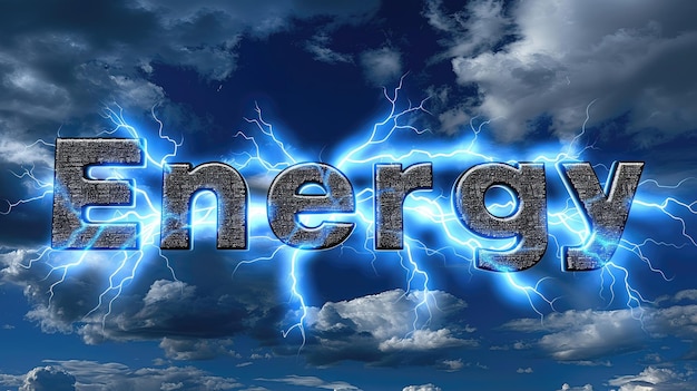 3D text Energy with electric arcs on cloudy sky backdrop