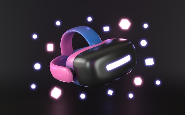 3d virtual reality headset glasses with neon geometry floating around. metaverse technology future.