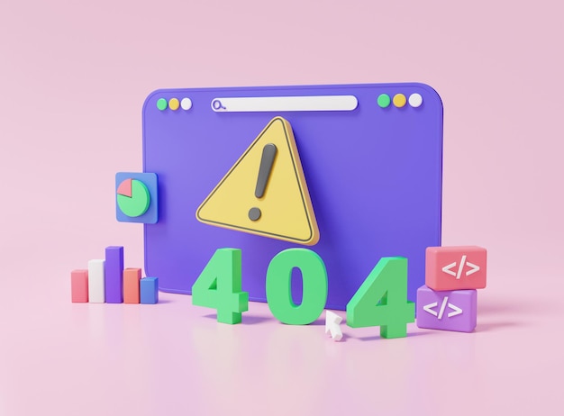 3D web browser 404 error page not found System maintenance updates concept triangle warning alert coding program software development minimal cartoon isometric 3d render illustration