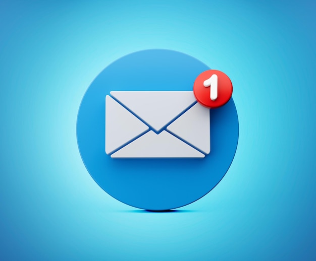 3d White Envelope Email Icon With One New Email Notification On Rounded Blue Icon 3d illustration