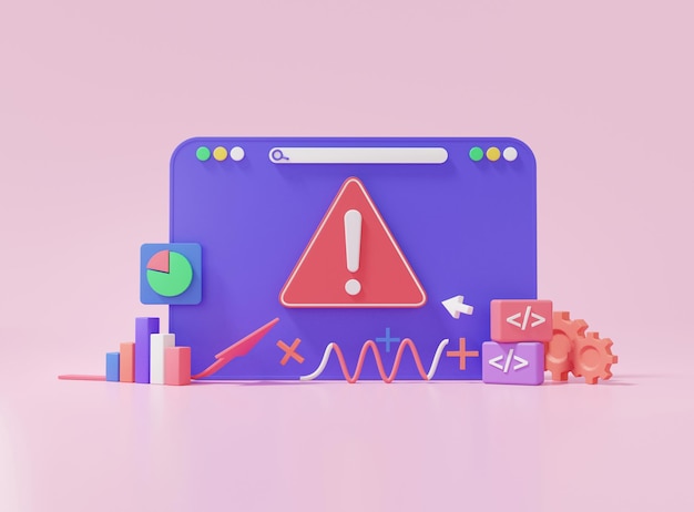 404 error page not found bug red triangle warning alert Minimal cartoon web browser System maintenance updates concept coding program software development website 3d render illustration