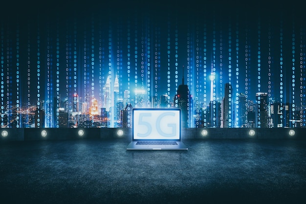 5G network wireless systems and internet of things with abstract software developer programming binary computer code with modern city skyline