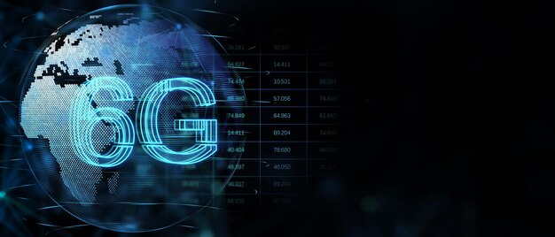 6g symbol on digital world map background with computer software programming on dark background with blank space global internet connection and new generation network concept 3D rendering mock up
