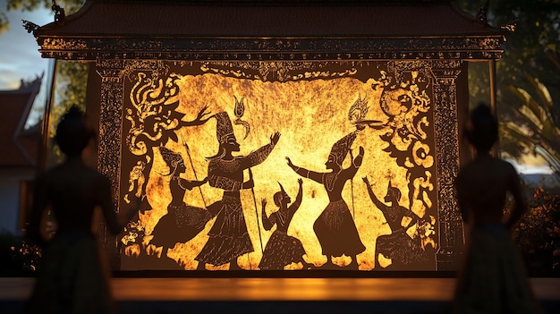 a 3d scene of a javanese wayang kulit performance with intricate shadow puppets