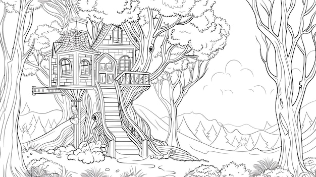 a beautiful tree house nestled in the heart of a lush forest the tree house is surrounded by lush foliage and has a ladder leading up to it