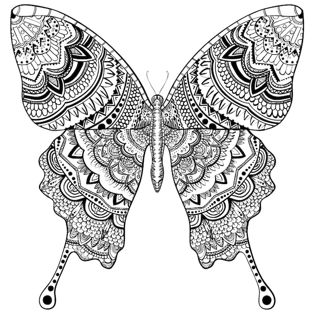 a black and white drawing of a butterfly with a pattern on it