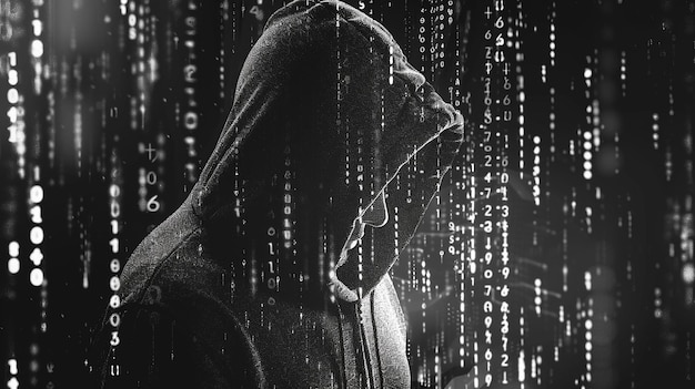 a black and white photo of a person with a hood on