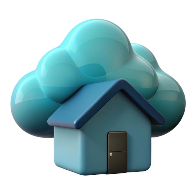 a blue house with a blue door and a cloud on top of it