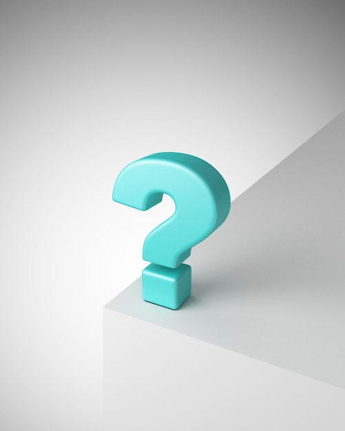 A blue question sign is on a white surface.