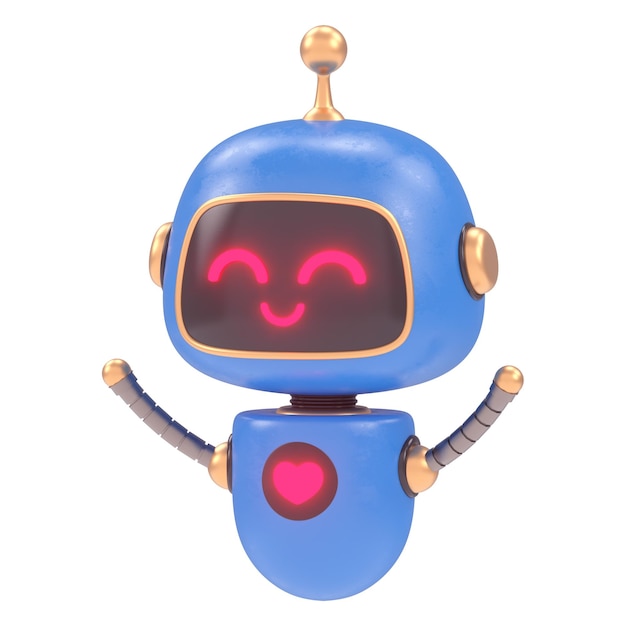A blue robot with a red face and a smile on its face