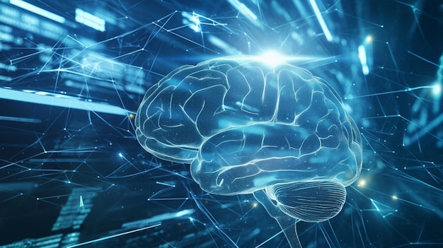 a brain with a blue background and a blue light