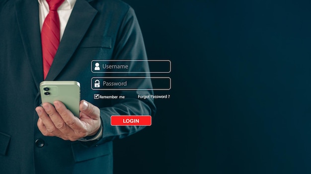 A businessman039s finger is holding a phone Represents protection against external hacks