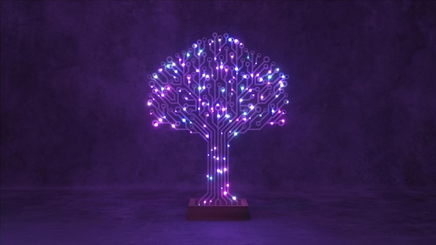 A captivating 3D circuit tree bathed in neon glow stands against a moody blue background symbolizing a fusion of organic form and technology