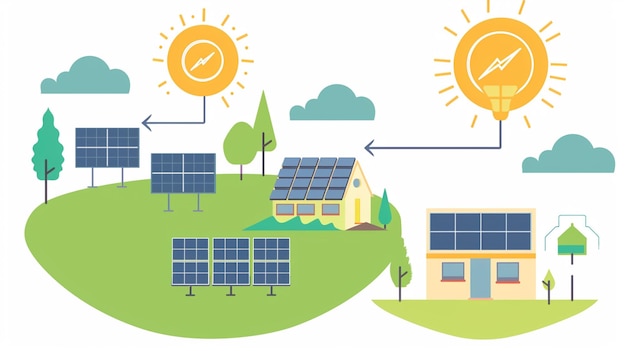 a cartoon of a solar farm with a solar panel and a house with a solar panel on the top