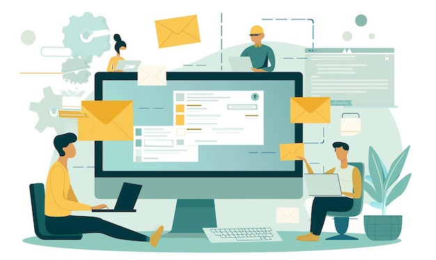 a cartoon of people working at a computer with the words  post  on the top